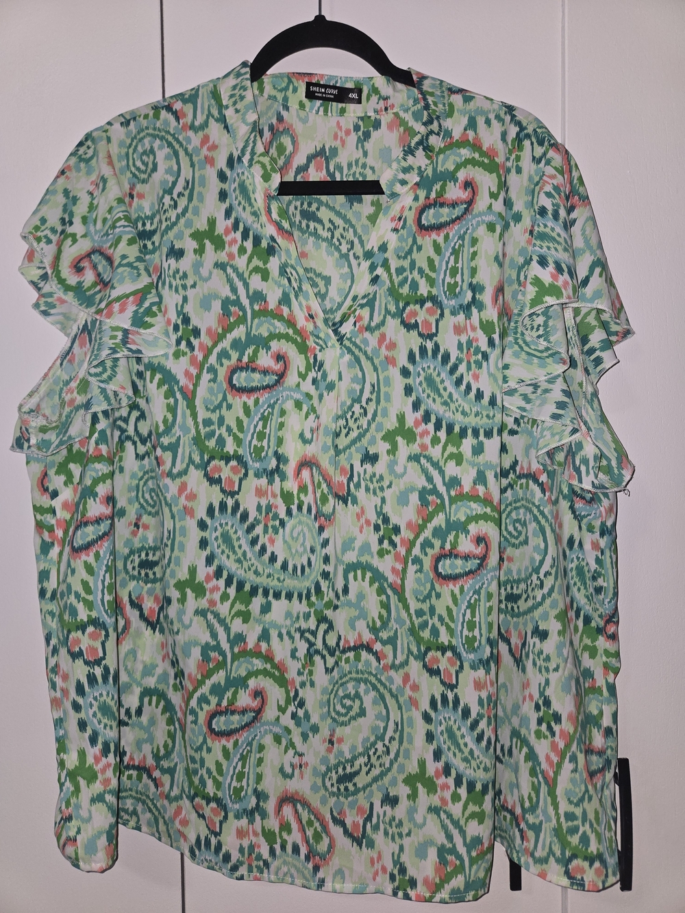 SHEIN Mint Green Paisley Ruffle Sleeve Blouse